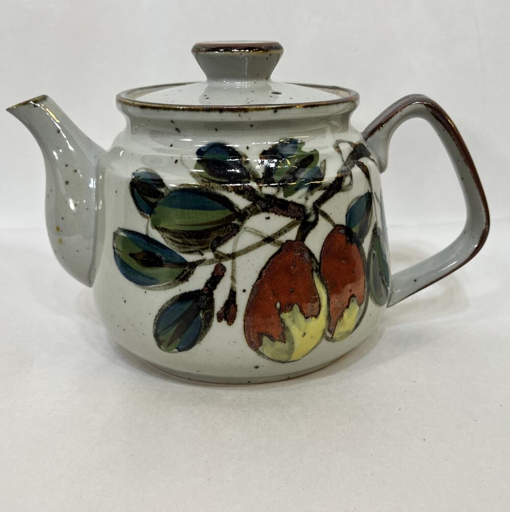 Speckled Gray Stoneware Teapot Vintage 1960s Fruit Leaves 3 Cup Has Lid